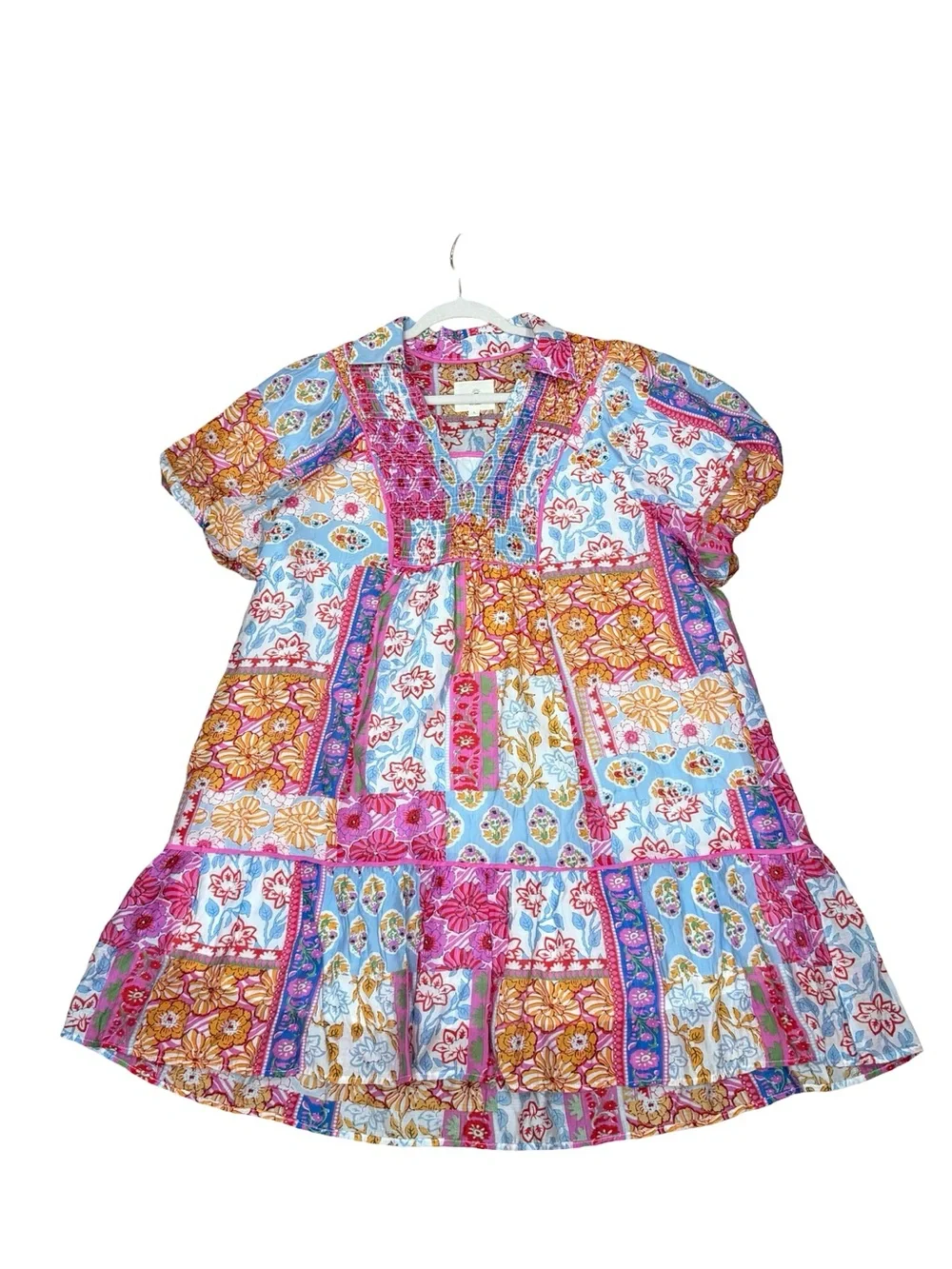 ☀️Umgee Patchwork Print Smocked Mini Dress Collared Split V-Neck Size Large Boho - Picture 7 of 11